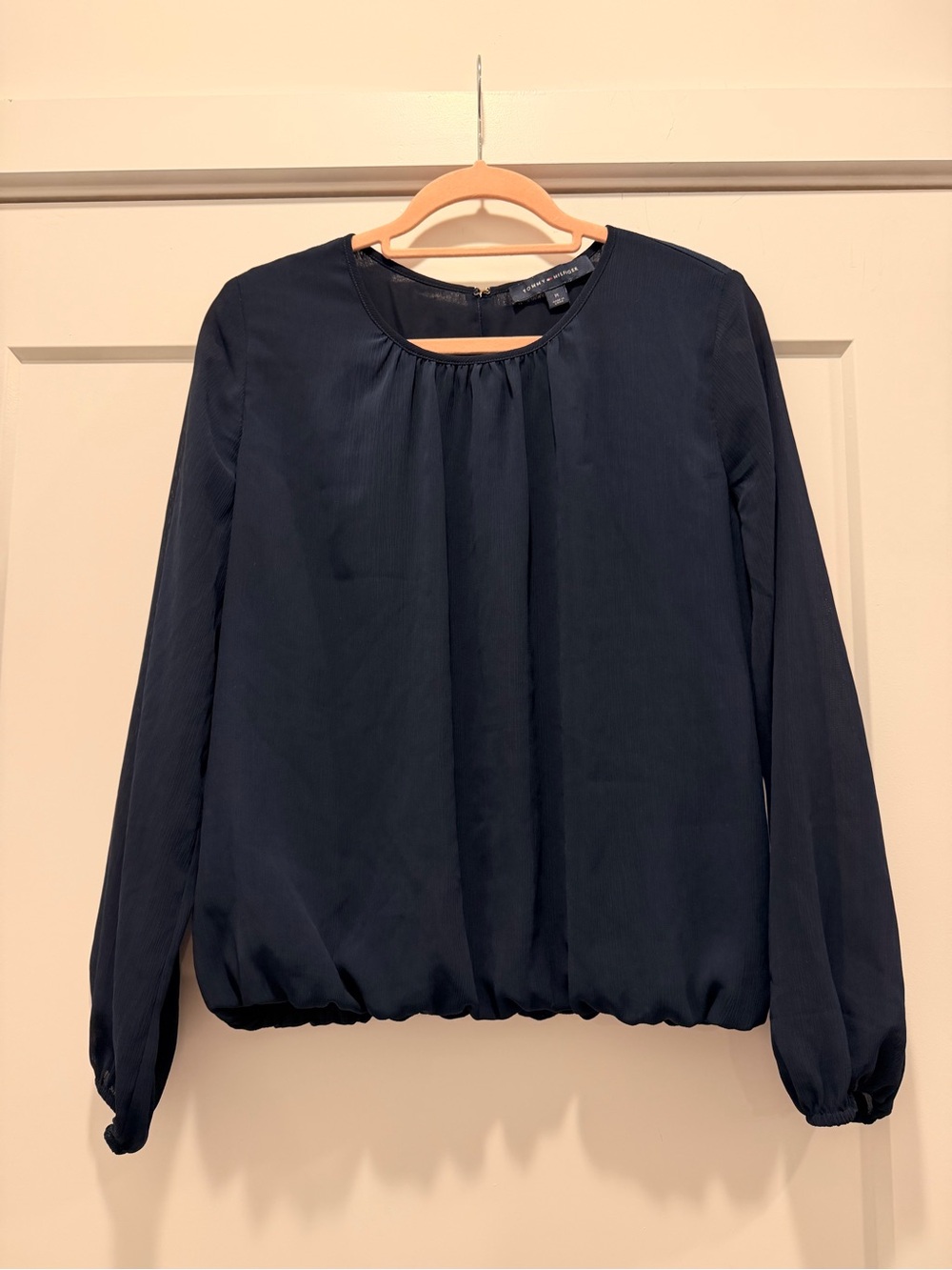 Tommy Hilfiger Navy Long-Sleeve Gathered-Neck Blouse
